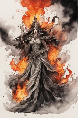 create an abstract ink wash and watercolor caricature of a beautiful, malevolent, ornately dressed , 14th century sorceress engulfed in fire ,highly detailed with refined facial features in the cartoon caricature style of Gerald Scarfe and Ralph Steadman precisely drawn, boldly inked, vividly colored, 4k