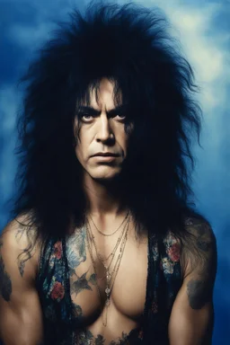 Chiaroscuro lighting, deep shadows, rich deep colors, facial portraits, 1980, 72-year-old Paul Stanley, ((1980's big hair, long, teased up Spikey Motley Crue style hair)), black hair, facial portraits, foggy, cloudy blue wall with assorted designs and multiple floral arrangements in the background, 4k, 8k, 16k, 32k, 100k UHD, Ultra-Hyper Resolution, dark, sultry eyeshadow, eyeliner, mascara, rouge, lipstick, from the rock and roll band KISS