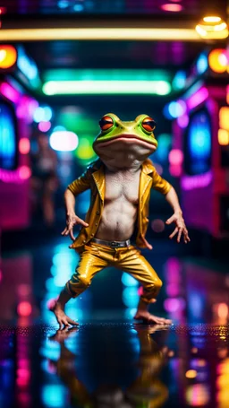 sexy stunt funky punk hippy hairy white skinned frog pimp tap dancer fashion gremlin in the middle of crazy dance moves dancing on buss parked in dark lit reflective wet arcade hall tunnel,bokeh like f/0.8, tilt-shift lens 8k, high detail, smooth render, down-light, unreal engine, prize winning