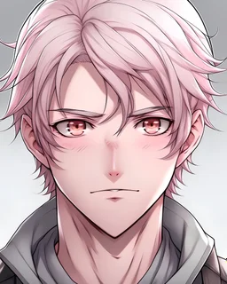 handsome young man with light pink hair and gray eyes, anime style, high quality image