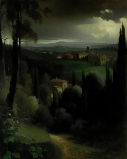 A dark black shadowy Italian city near a forest painted by George Inness