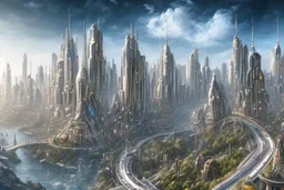 detailed alien cityscape, buildings with balconies, tracks, roads, paths, river, blue sky, white clouds