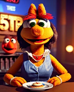 waitress woman with Sesame Street muppet mask-head, concept art, retro style, smooth, unreal engine 5, god lights, ray tracing, RTX, lumen lighting, ultra detail, volumetric lighting, 3d.