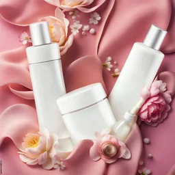 a bottle for cosmetics and a cream jar lies on a beautiful floral background top view, in the background there are beautiful spring flowers and a drop of cream, high-quality picture, top view