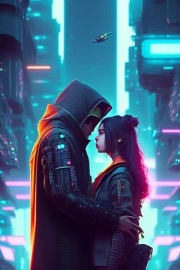 Science fiction, cyberpunk, city, couple girl and guy, together, love at first sight