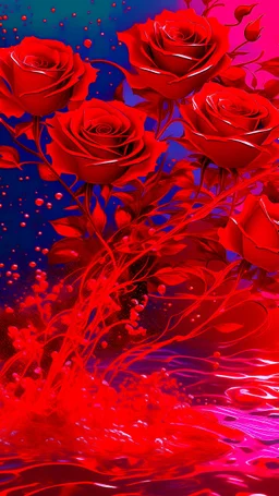 The image is a digital artwork that depicts a red branch of red tree of Red roses and red leaves tangling in to a water in the river with aThe rose floats on the surface of the water, creating a wave-like effect. The background is red , which makes a branch of a tree of red roses stand out even more. Water droplets are scattered adding to the dreamy, ethereal quality of the image.all leaves and background are black