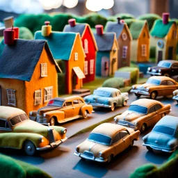 Close-up photograph of a diorama town made of felt, everything is fake, fake cars, fake people, sun, extreme detailed, volumetric light, movie shot, movie shot, noon-light, artistic photography, shot on Hasselblad, pastel colors