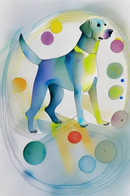 abstract watercolour of a Labrador dog in the style of paul klee with circles of colour and sketchy thin inky lines