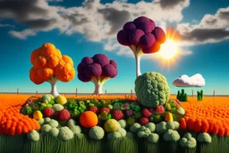 lifelike photography, vegetable and fruit landscape, broccoli forest, chive field, cauliflower sheep, orange sun, whipped milk clouds, raspberry flowers, cheese barn and haystack in sunshine, surrealistic