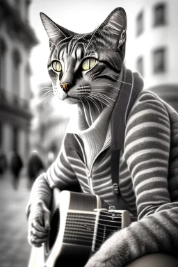 One single mature street cat, friendly, playing guitar, vienna, sunny day, perfect iris, model style, hyper realistic, extremely accurate, delicate, extremely detailed, Graphic novel style, colours, wide-angle, open aperture, superfine pencil