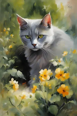 Masterpiece, best quality, Willem Haenraets style painting of a portrait of a Chartreux cat in the garden, painted by Willem Haenraets