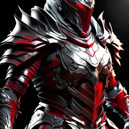 silver and crimson knight armor with glowing red eyes, and a ghostly red flowing cape, crimson trim flows throughout the armor, the helmet is fully covering the face, black and red spikes erupt from the shoulder pads, crimson hair, spikes erupting from the shoulder pads and gauntlets
