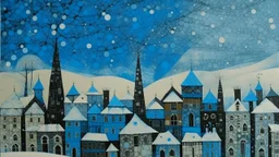 A cyan city in winter season with falling snowflakes designed in African pottery painted by Paul Klee