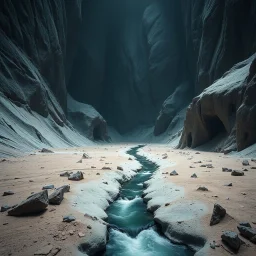Photograph, a dark mass of terrain, giant museum space, powder, brook, dramatic colors, geological formation, architecture, minimalist, details of the terrain very accentuated, 8k, deep 3d field, sharp, brutalist, hasselblad h6d400c --ar 85:128 --v 6.0
