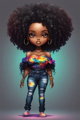 create a colorful abstract silhouette art image 8k of a chibi curvy black female wearing torn jeans pants and a black tie dye off the shoulder blouse. Prominent make up with hazel eyes. Highly detailed long tight curly afro in a hair wrap.