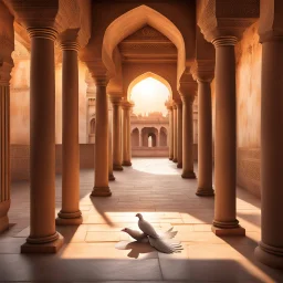 Hyper Realistic Photographic-View Of Dove Sitting On The Traditionally-Crafted-Surface-of-the-Balcony inside Traditional Rajasthani Fort With with sunrays casting Dove's Shadow Traditional-Brown-Pillars & Traditional-Hallway showing dramatic & cinematic ambiance.