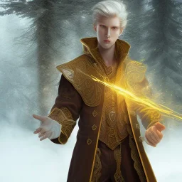 Male, Human, Blond, Sorcerer, Fire Mage, Golden Eyes, Young, Photorealism, Full Body Shot, Forest Background