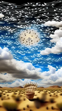 A white cloudy sky with icy music notes designed in Navajo baskets painted by Leonardo da Vinci
