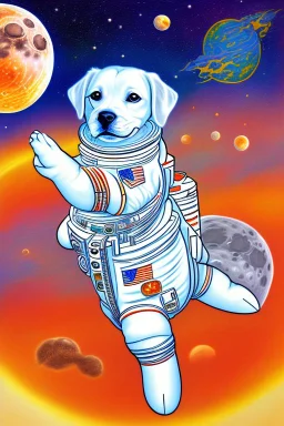 white and orange dog flies to the moon top of the a rocket