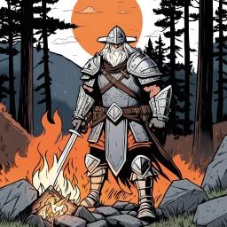 [comics Head Lopper style by Andrew MacLean] The old ranger warrior, clad in padded armor that bore the scars of countless battles, sets his campfire at the edge of the forest. Positioned on a hill, a large rock shields him from the rain, while the flames of the fire illuminate his weathered features in a warm orange glow. His eyes, hardened by a life of combat and survival, scan the surrounding darkness with a steely gaze. The night air is thick with the scent of damp earth and pine, the sound