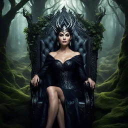 Morena Baccarin as a beautiful sexy dark elf queen seated elegantly on a throne in a mystical forest, dark celtic vignette frame, photo-realistic, cinematic lighting, award-winning photography