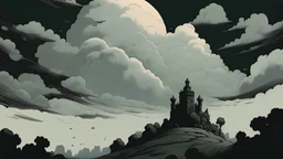 eerie cloud with ancient graveyard in the background in the art style of mike mignola