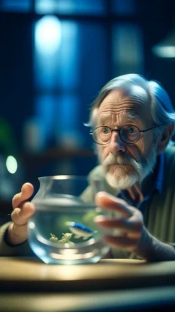 portrait of confused old man holding a glass bowl in glass nursery studying his own beaks and claws, bokeh like f/0.8, tilt-shift lens 8k, high detail, smooth render, down-light, unreal engine, prize winning