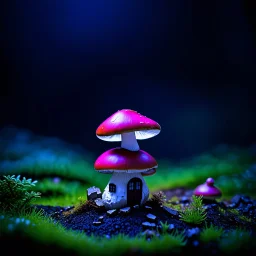 "Close up of a wonderful tiny Mushroom Tower home. Magenta and red with bright white, deep black and contrasting tones of gray magenta and violet colors. Illuminated bioluminescent forest. Professional painter, master at composition. small but detailed. broken, blurred background, voluminous lighting"