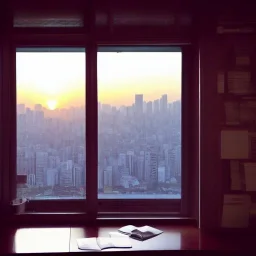  looking out of a window to a crowded city with many textbooks on the table korea sunrise with homework on it only one person