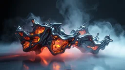 lyrical abstraction, abstract 3d sculpture, made of liquid metal, c 4 d, rendered in octane, unreal engine, highly detailed, on surface vray, volumetric lightning, mist, by greg rutkowski, by Gustave Dore, by Marco Turini,