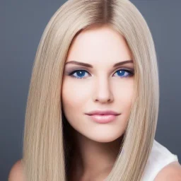 Woman with blond straight hair and brown eyes