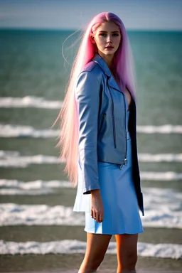 half body shot,realistic portrait of a 20-25 old caucasian model, long blue pink flowing hair, great grey eyes, blue leather jacket,full body, short white skirt,long legs,standing at beach of very nive lake with sunset ,clouds,godrayes