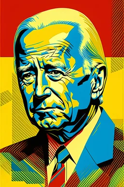 stylized stencil portrait of Joe biden in solid red, beige and (light and dark) blue with the russian characters for "obey" overlaid on the bottom of the image in yellow