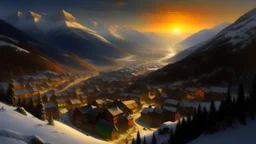 Swiss village in the Engadine, birds eye view, winter sunset, by Robert Camp