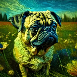 Generate a photorealistic 8K image of a pug with the enchantment inspired by Van Gogh's