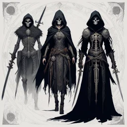 feature two central characters: a skeletal, death-like figure wearing a dark, hooded cloak, armed with swords, and adorned with intricate mechanical designs, and a pale, ghostly woman with flowing hair, wearing a tattered garment, who appears frightened or desperate. Ensure both characters are prominent and interact within the composition, capturing the contrast between the menacing, skeletal figure and the ethereal, ghostly woman.