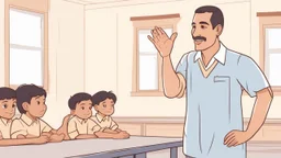 A male teacher explaining in a primary school, Egyptian skin, only five fingers on the hand