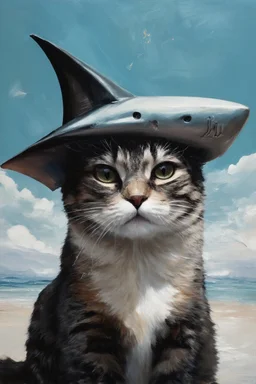 cat with shark mask hat solana abstract surrealism in the style of eileen aigar