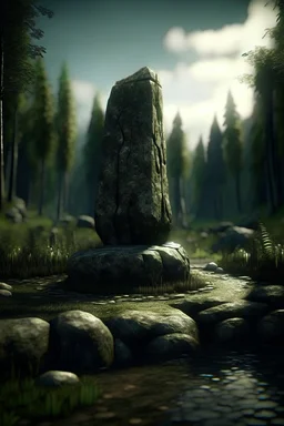 portrait huge rock column in front of rock rocket on bumpy road in moist swamp planet , photo-realistic, shot on Hasselblad h6d-400c, zeiss prime lens, bokeh like f/0.8, tilt-shift lens 8k, high detail, smooth render, down-light, unreal eng