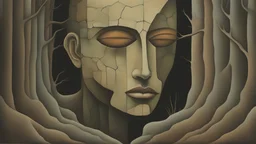 Skin bones stone face, dystopian environment, a forest can be seen through a hole in the side of the head, cracks and peeling in the face, a brain from another time, a divided mind, a portal to the distant future. Deep contrasting colors. Surrealism and abstraction by Kay Sage