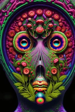 Illustration, Psychedelic art, human eye in a forest full of colourful mushrooms, vivid colours, intricate details, maze, gears, in the style of H.R.Giger, , ultra detailed, photorealistic, top light, 35mm lens, fish-eye