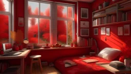 Cozy and beautiful red Girl room It is inspiring and full of beautiful things, and there are posters and pictures on the wall with desk and big window Overlooking a quiet autumn scene with rainy weather, there is a cup of coffee Where steam comes out of the cup on the desk