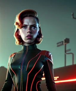 retro sci-fi portrait image from 1960, supermarket parking explosion, fire, classic black widow, young Scarlett Johansson, tight lycra suit, soft color, highly detailed, unreal engine 5, ray tracing, RTX, lumen lighting, ultra detail, volumetric lighting, 3d, finely drawn, high definition, high resolution.