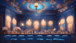 Illustration. High quality.Bar interior. Fantastic decoration. Blue. Moon motif. Beautiful lamps hanging from the ceiling. Decorated with flowers.Masterpiece.