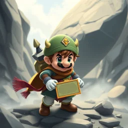 Male Fantasy RPG character, chaabi kawaii Mario proportions, lord of the rings inspiration, with a ribbon of game prize tickets held out in front, bounding out from behind a large rock, 3/4 view, isometric game