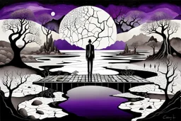 inner world , atypical world, in midle an alone human figure stands on the thin bridge with a big map his hands , weird whimsical landscape, forest, and Sahara water and rocks,, around surreal cracked painted weird land with some black doors. dark purple, gray, black, white, brown. Whimsical style of Chagall , of Minjae Lee and René Magritte, lonely face with absurd beauty. broken, weird bizarre absurd nightmare, labirynth, dark vision, neuron network background, surreal vibe, stunning absurd