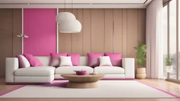 Viva magenta modern livng room with sofa and wooden paneling - 3d render