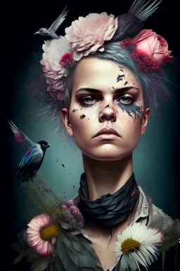 portrait Punk, Angel, portrait of a woman, flowers, birds