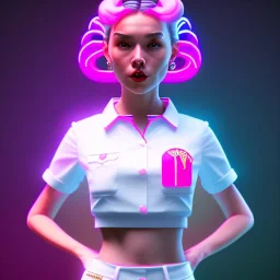 waitress teenager, rounded face, pink hair, flushed cheeks, striped shirt, pub background, neon ambient light, vibrant color, pop style, highly detailed, art stations, concept art, smooth, unreal engine 5, god rays, ray tracing, RTX, lumen lighting, ultra detail, volumetric lighting, 3d, finely drawn, high definition, high resolution.