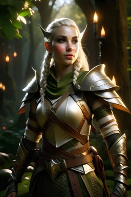 dnd character art of elf ranger, female in light armor, high resolution cgi, 4k, unreal engine 6, high detail, cinematic, concept art, thematic background, well framed